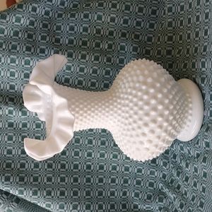 Large Vintage Milk Glass Ruffled Hobnail Vase